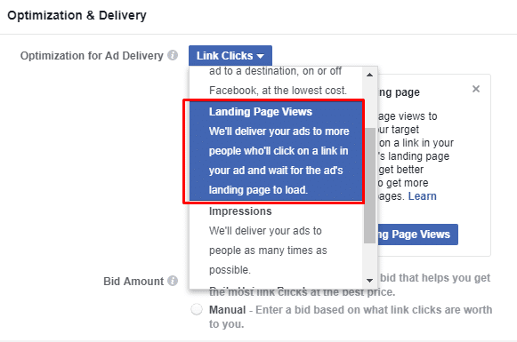 Facebook ads landing page views optimization