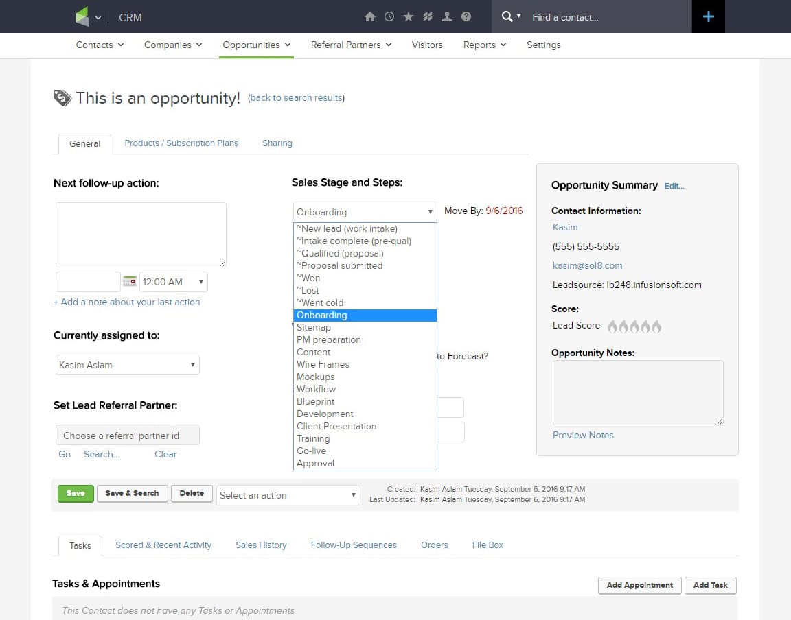 Infusionsoft Opportunity settings