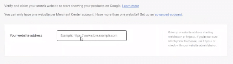 Enter your Shopify Store URL in Google Merchant Center