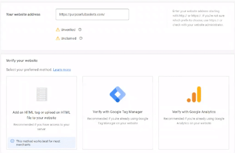 Shopify Website Verification option in Google Merchant Center