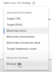 Manual CPC bidding strategy in Google Ads for lead generation
