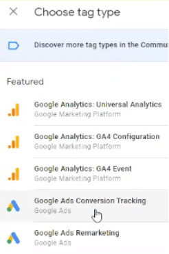 Google Ads Conversion Tracking option in GTM