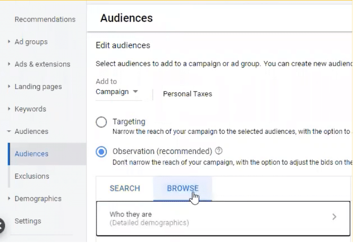 choosing all web visitors Google Ads Audiences dashboard