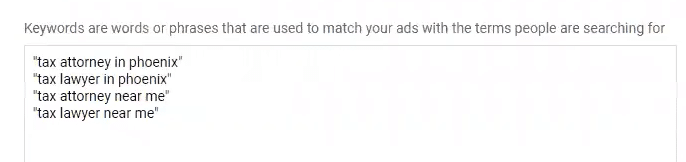 phrase match keywords example in Google Ads