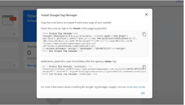 Google Tag Manager account creation - code installation