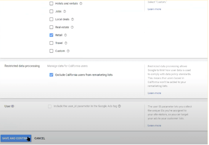 Restricted data processing: Exclude California users from remarketing lists