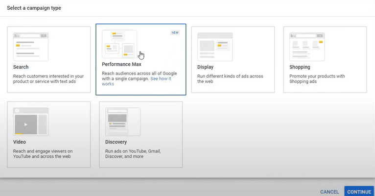 Select a campaign type. Choose Performance Max