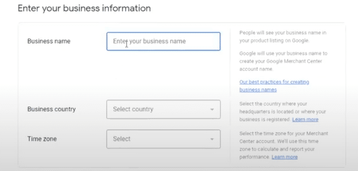 Google Merchant Center Business Information