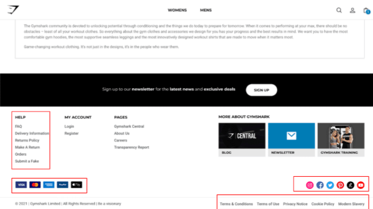 Gymshark website footer CRO