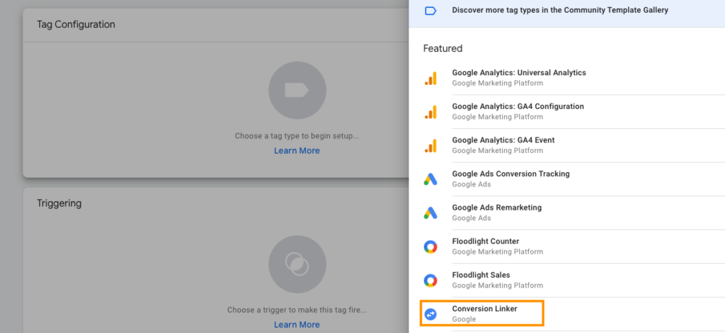 choose conversion linker in Google Tag Manager