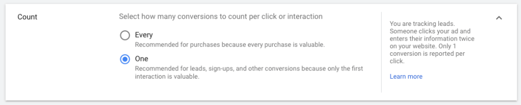 select how many conversion to count per click or interaction