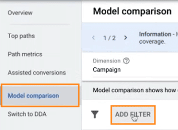 adding filters in Model comparison tool Google Ads