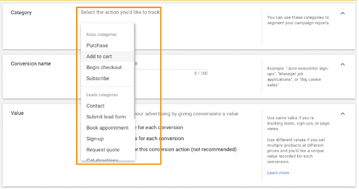 Google Ads tracking website conversions – selecting an action to track