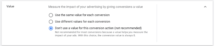 Google Ads tracking website conversions –value