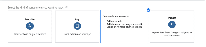 Google Ads standard call tracking - select phone call conversions
