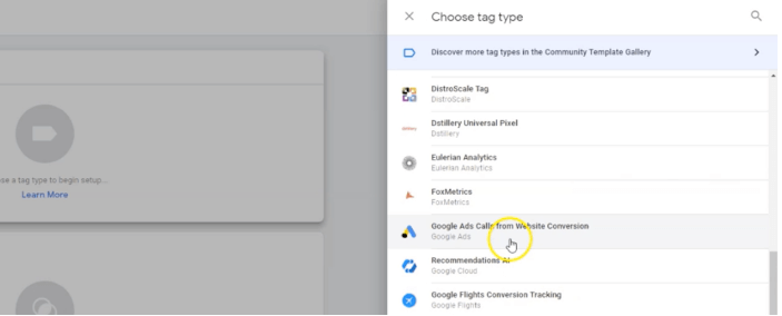 Google Ads standard call tracking (Google Tag Manager) - choose a tag type Google Ads Calls Website Conversion
