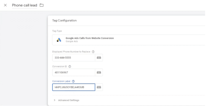 Google Ads standard call tracking (Google Tag Manager) - paste Conversion ID and Conversion Label
