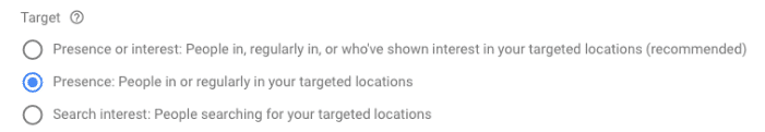 Google Ads brand campaign tutorial - target location options
