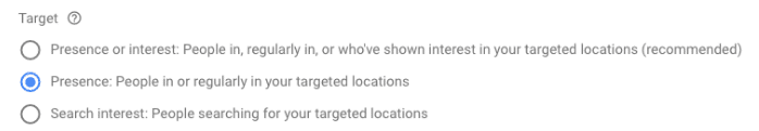 Google Ads competitor campaign tutorial - target location options