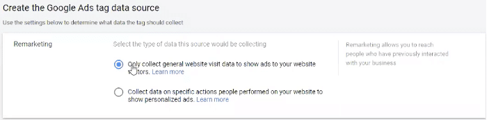Google Ads remarketing campaign tutorial - create a google Ads tag data source