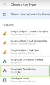 Google Ads remarketing campaign tutorial (GTM) - choosing a tag type