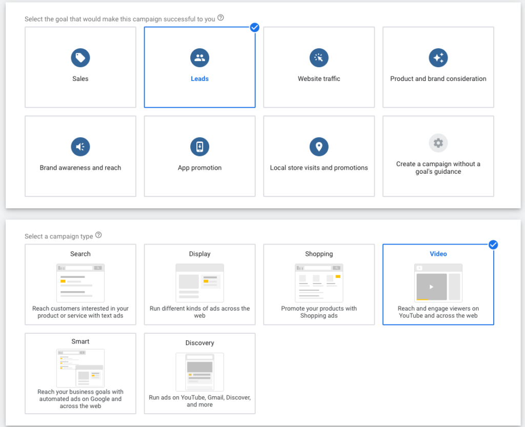 How to Create a Lead Generation Campaign in YouTube - selecting a goal and campaign type