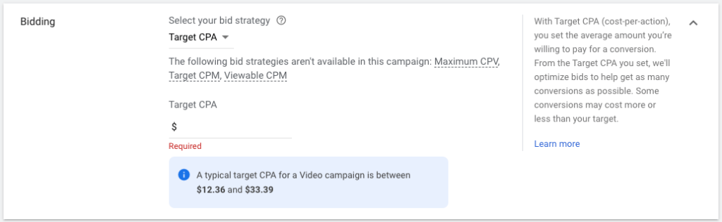 How to Create a Lead Generation Campaign in YouTube - use target CPA bidding
