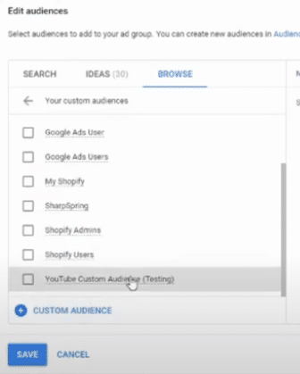 Creating custom audience tutorial - adding saved YouTube custom audience