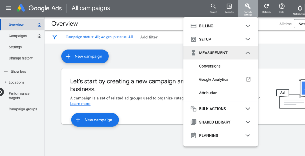 creating conversion tracking in Google Ads dashboard