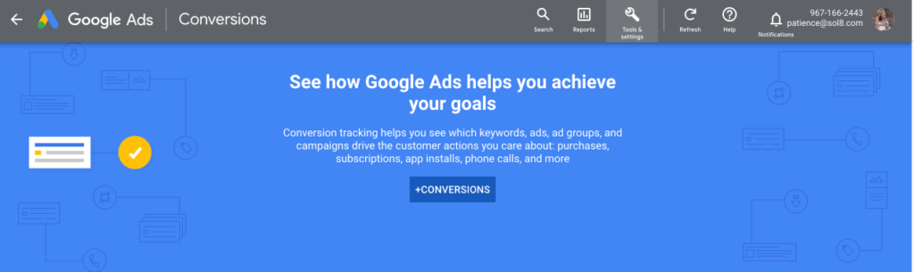 Conversions page in Google Ads dashboard