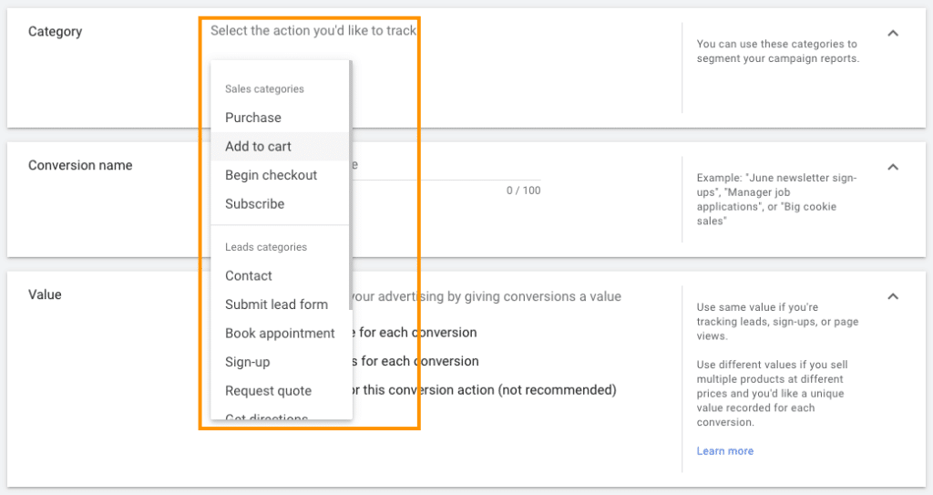 Google Ads tracking website conversions – selecting an action to track