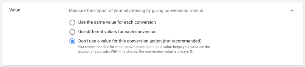Google Ads tracking website conversions – value