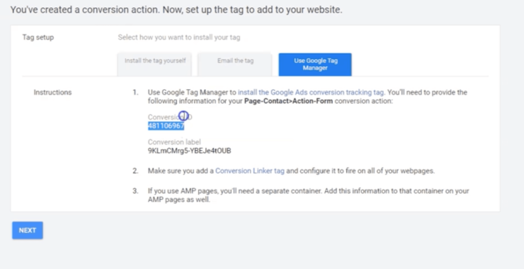 Google Ads tracking website conversions (Google Tag Manager) - copy your Conversion ID and Conversion Label