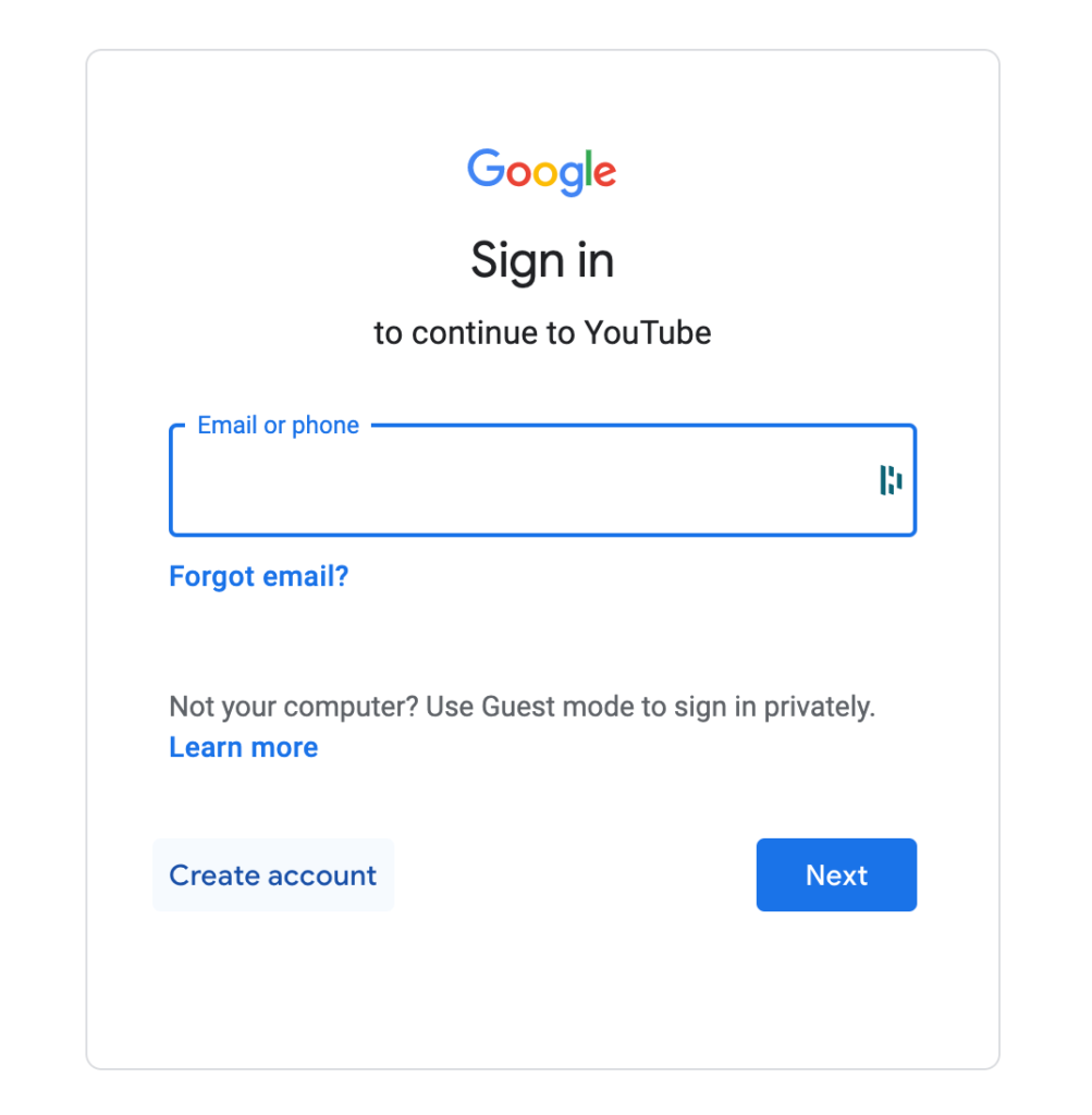 YouTube sign in page