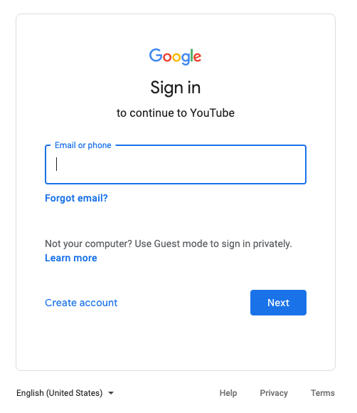 Creating your YouTube channel - Youtube sign in page