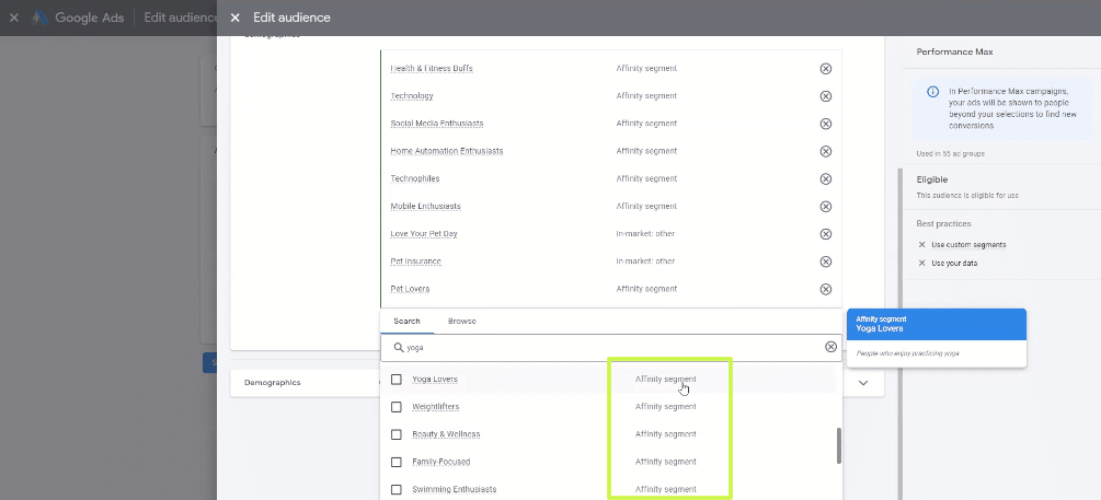 insights tab affinity segment