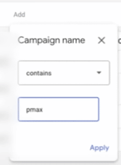 Google Ads menu, Campaign name, Pmax.