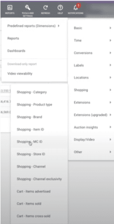 Google Ads menu bar. Predefine reports, shopping, shopping MC ID