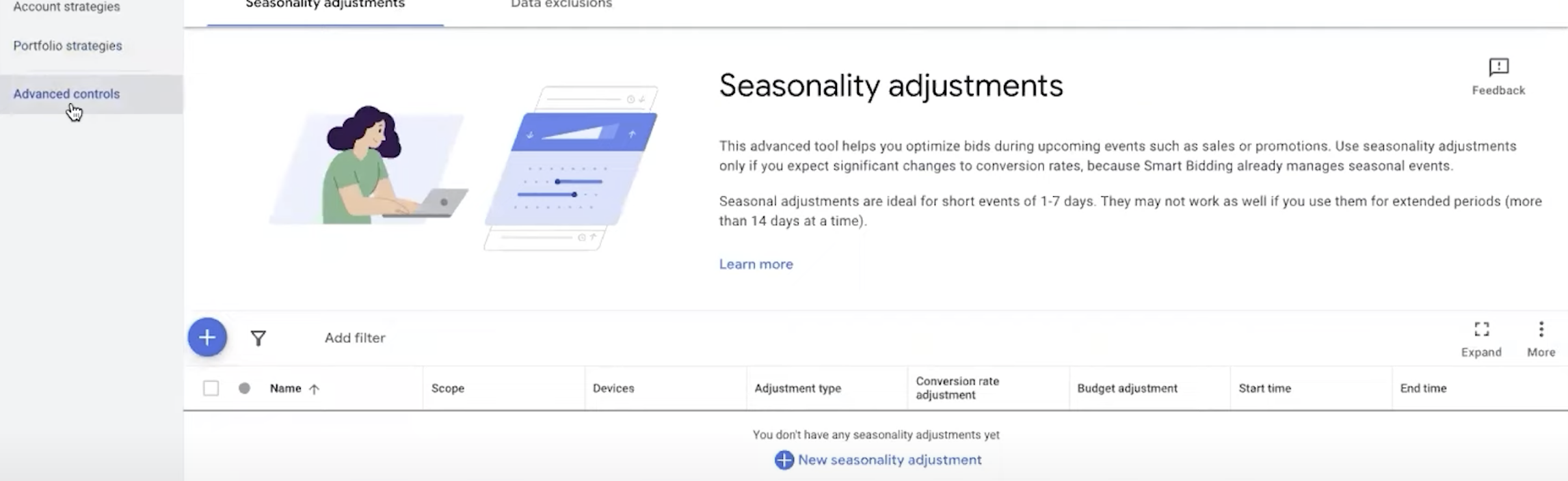 screenshot of seasonality adjustments