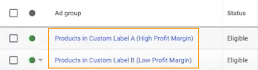screenshot of 2 standard shopping campaigns slit into Custom Label A and Custom label B