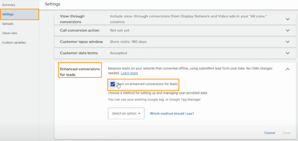 turn on enhanced conversion for leads option in Google Ads
