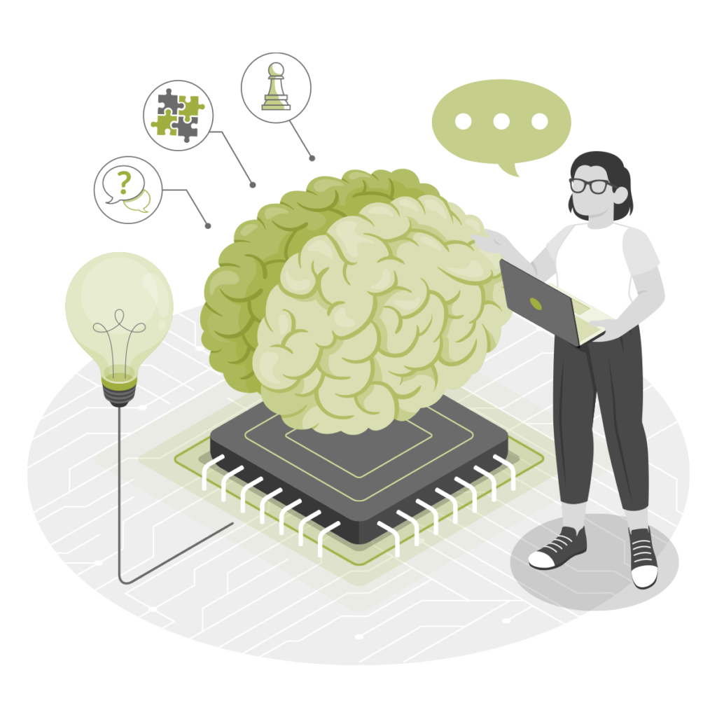 green and white graphic with a brain and a female figure standing near it holding a computer