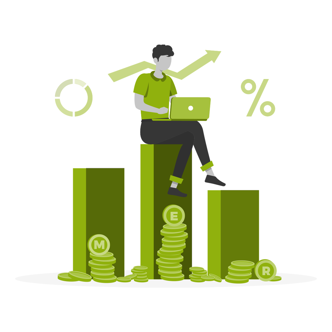 graphic of male figure sitting on graph scaling upwards