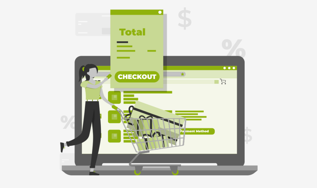 computer with checkout list and female figure pushing shopping cart