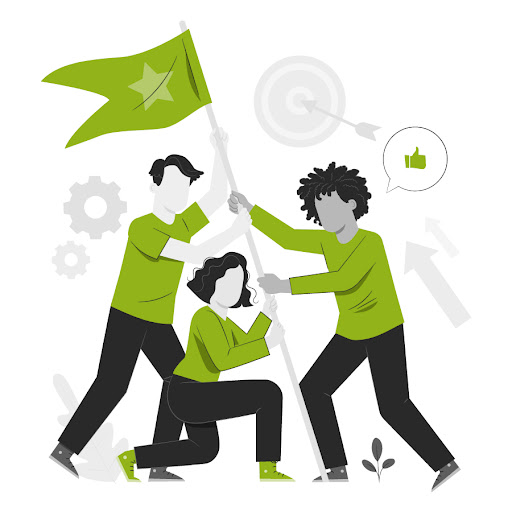 graphic of three figures pushing up a flag together