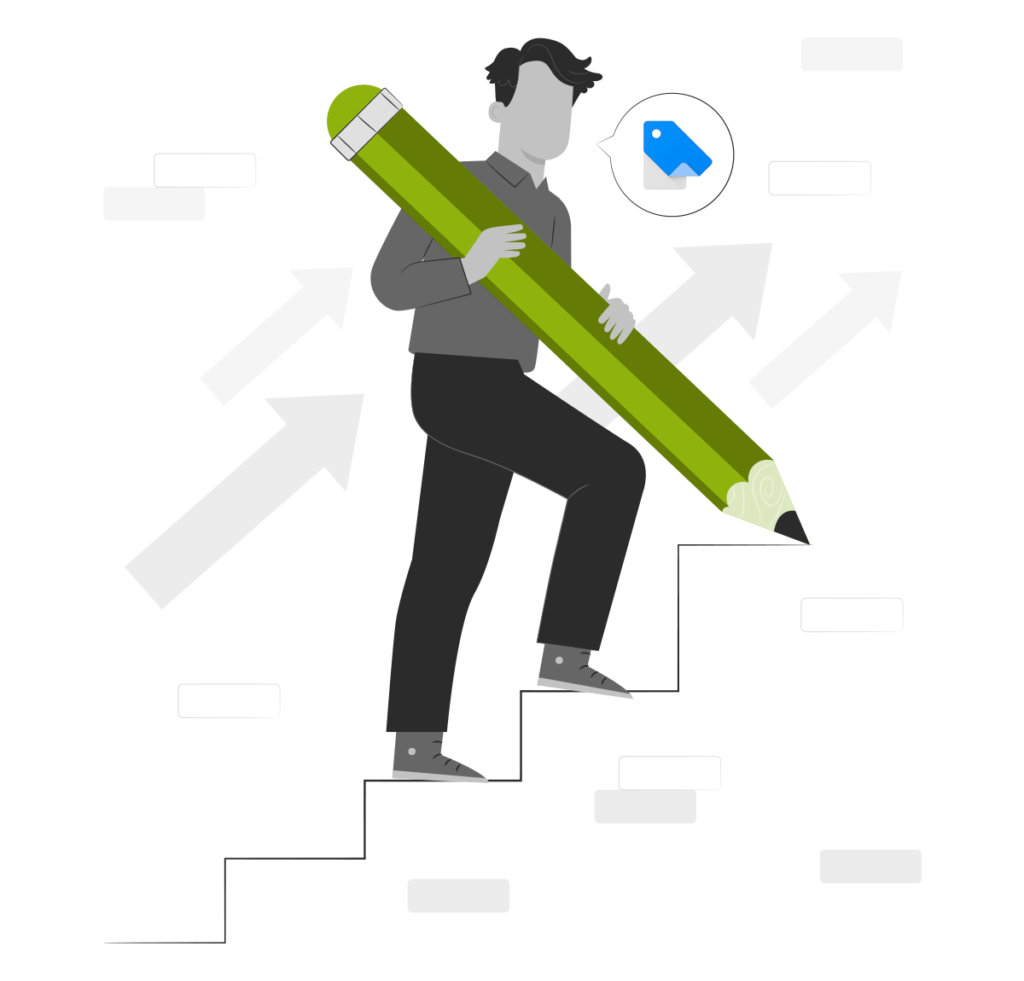graphic of male figure holding a large pencil walking up stairs